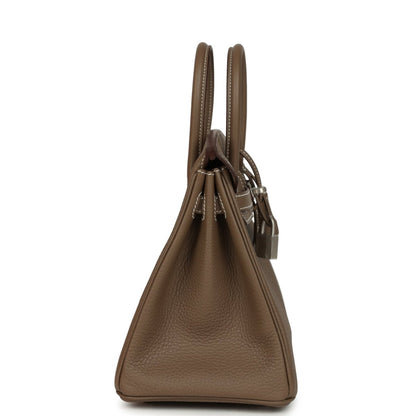 Hermes Birkin 25 taupe-brown leather handbag side profile with top handles and lock