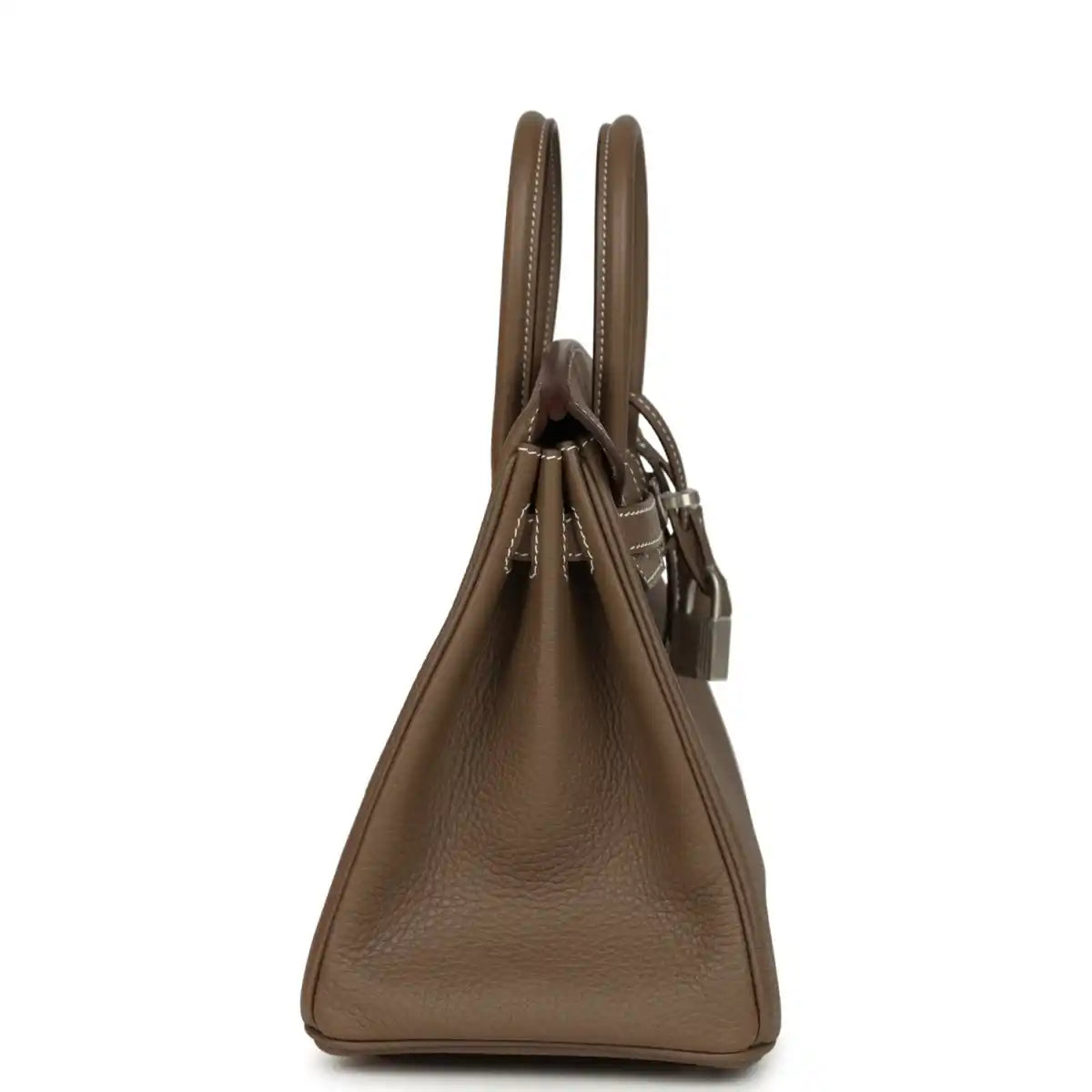 Hermes Birkin 25 taupe-brown leather handbag side profile with top handles and lock