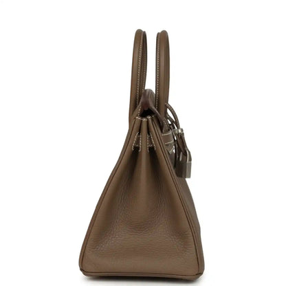 Hermes Birkin 25 taupe-brown leather handbag side profile with top handles and lock