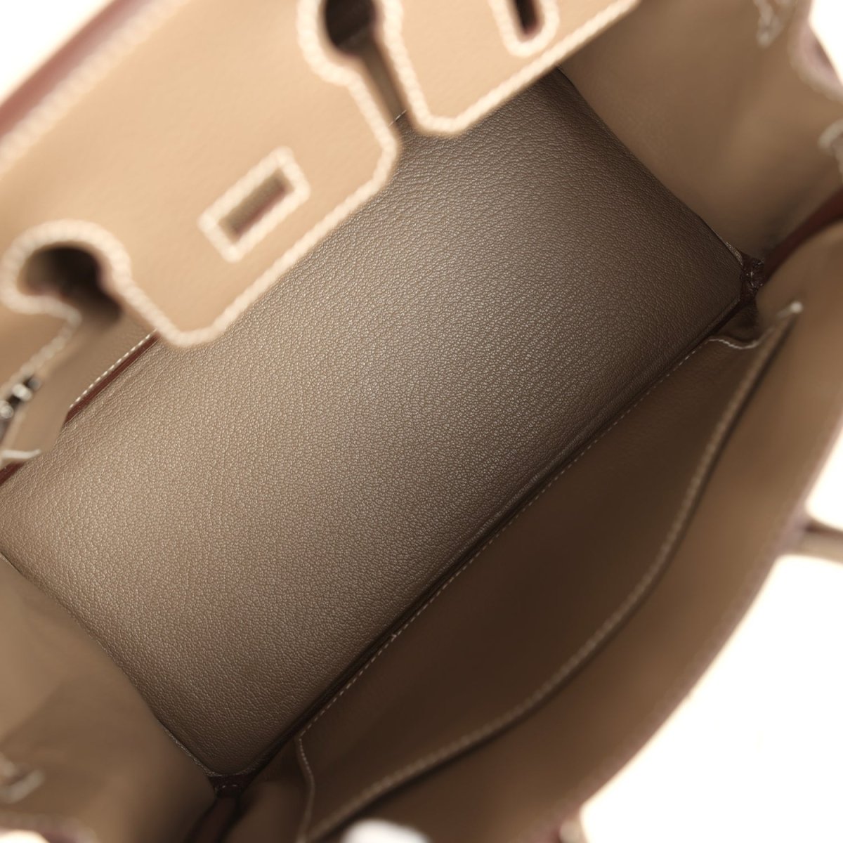 Hermes Birkin 25 taupe-brown leather interior seamwork near the front compartment