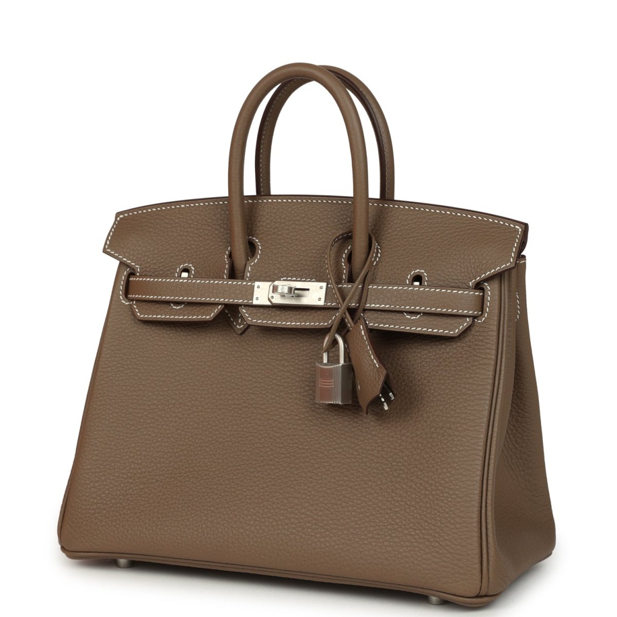 Hermes Birkin 25 taupe-brown Togo leather handbag, front view with top handles