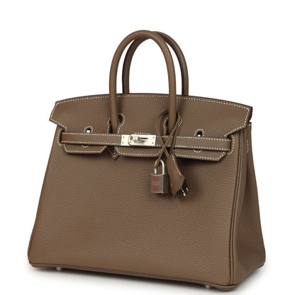 Hermes Birkin 25 taupe-brown Togo leather handbag, front view with top handles