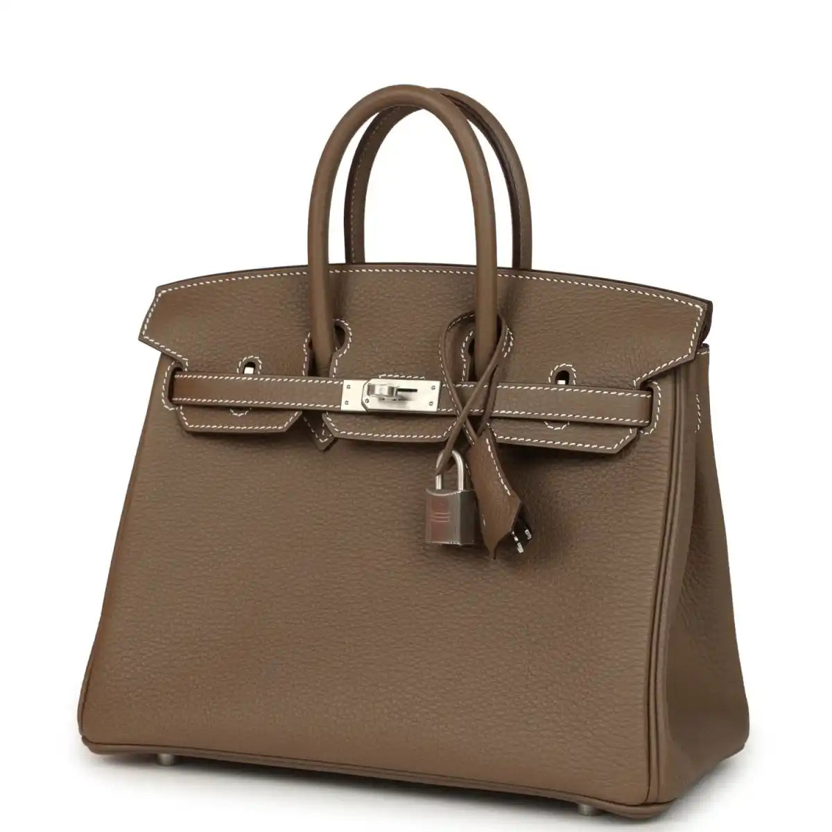 Hermes Birkin 25 taupe-brown Togo leather handbag, front view with top handles