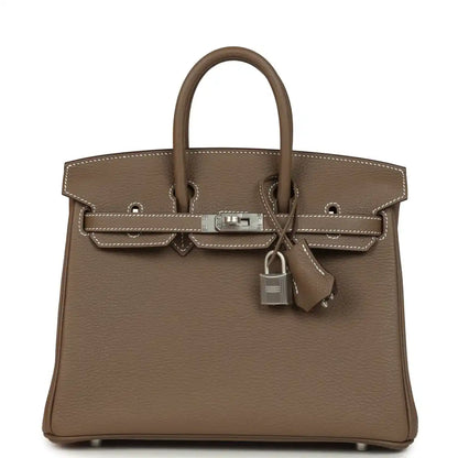 Hermes Birkin 25 taupe-brown Togo leather handbag with brushed palladium hardware
