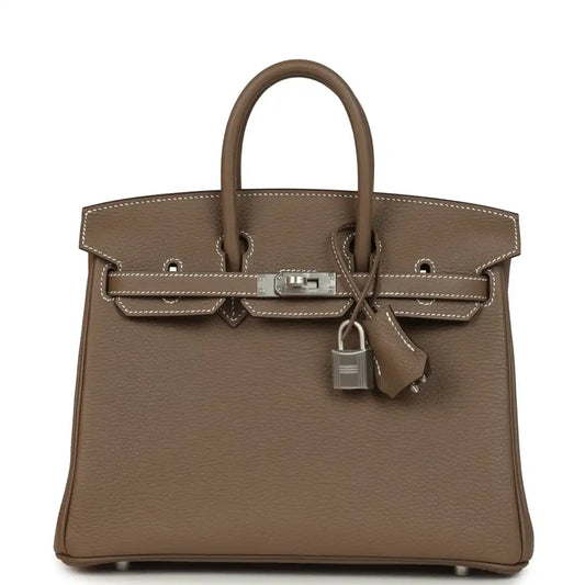 Hermes Birkin 25 taupe-brown Togo leather handbag with brushed palladium hardware