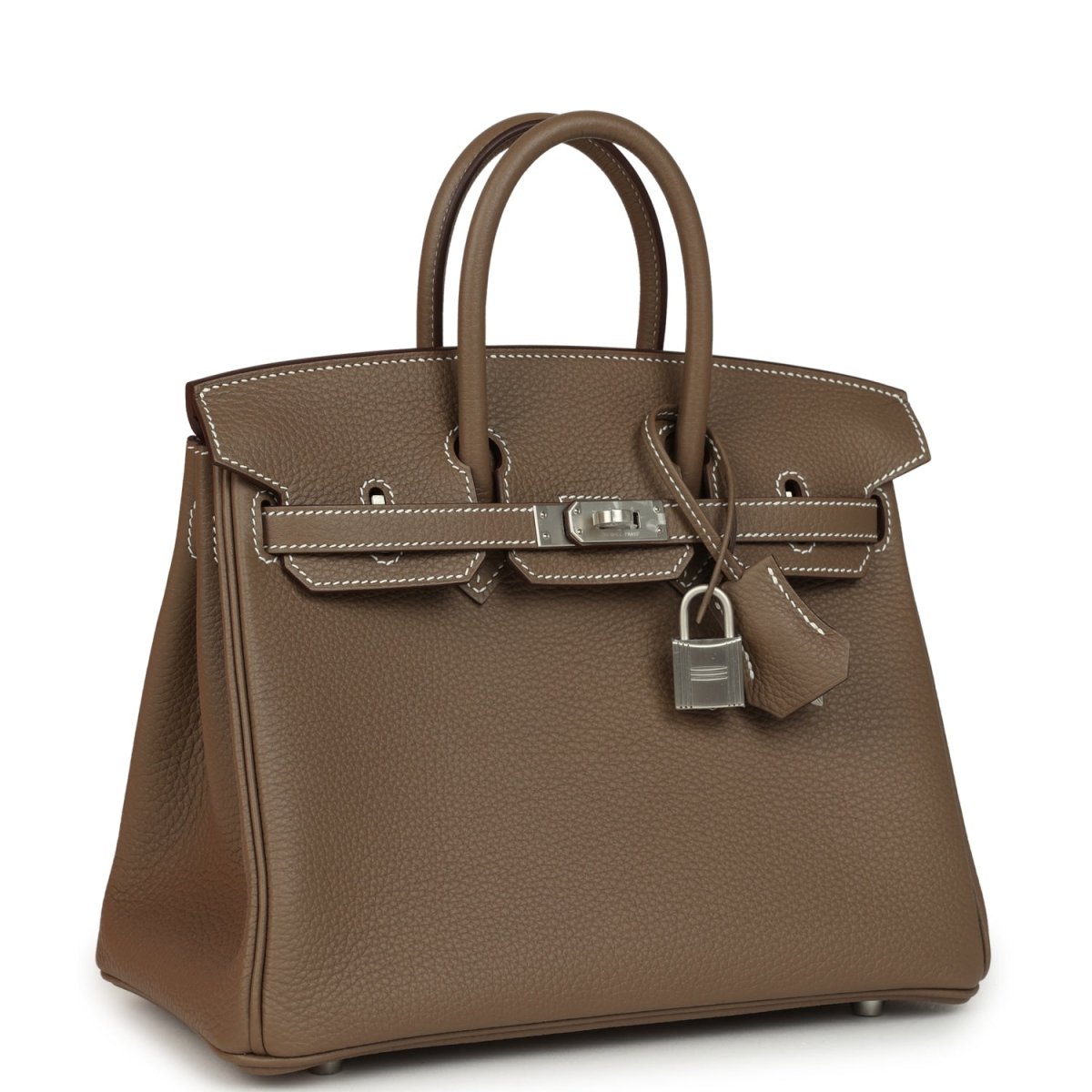 Hermes Birkin 25 taupe-brown leather handbag, front view with turn-lock clasp