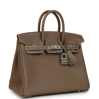 Hermes Birkin 25 taupe-brown leather handbag, front view with turn-lock clasp
