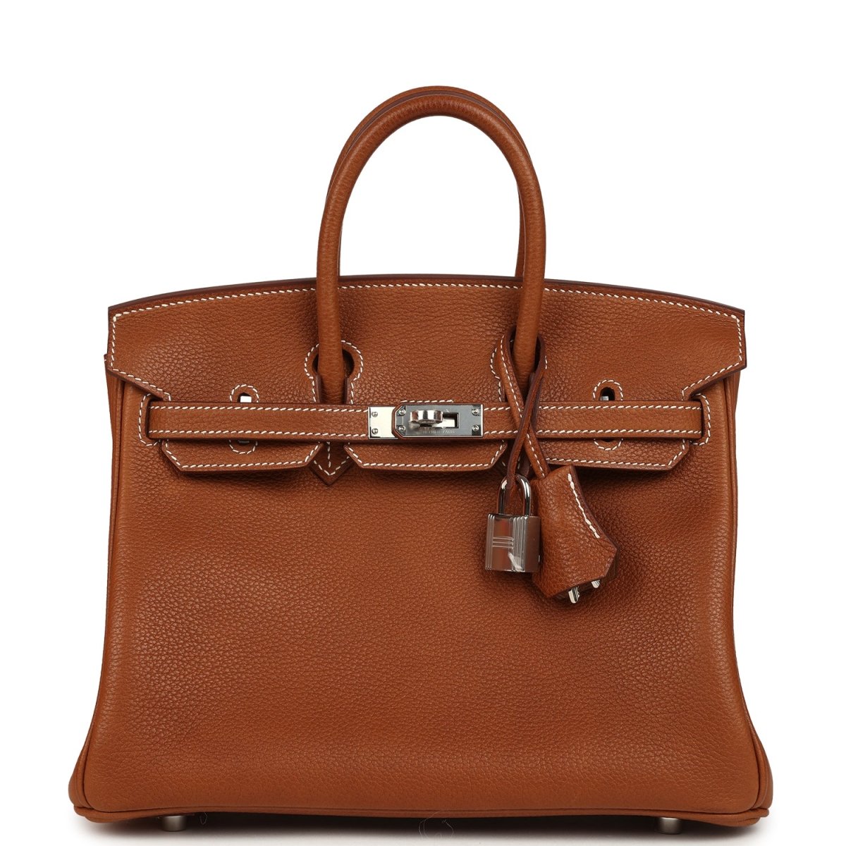 Hermes Birkin 25 leather handbag in tan with top handles and front clasp hardware