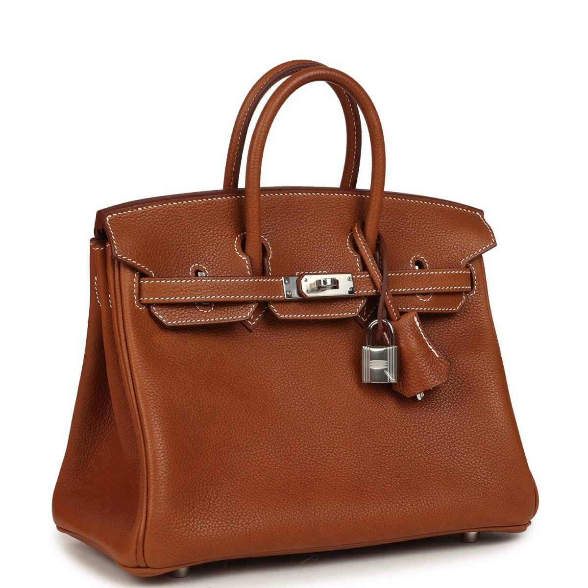 Hermes Birkin 25 leather handbag, tan with top handles, front flap and silver clasp