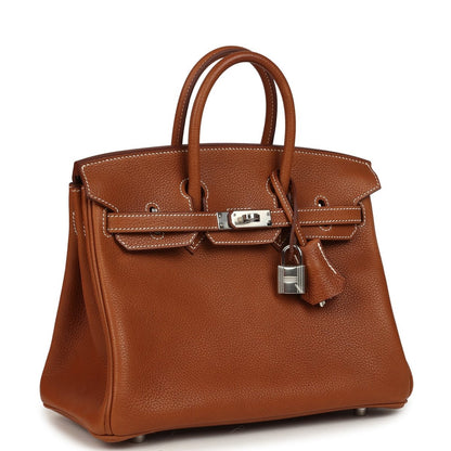 Hermes Birkin 25 leather handbag, tan with top handles, front flap and silver clasp