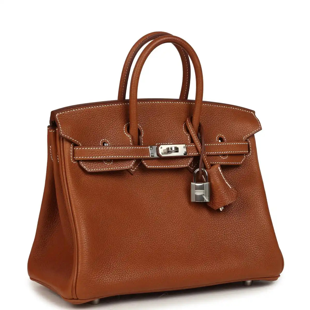 Hermes Birkin 25 leather handbag, tan with top handles, front flap and silver clasp