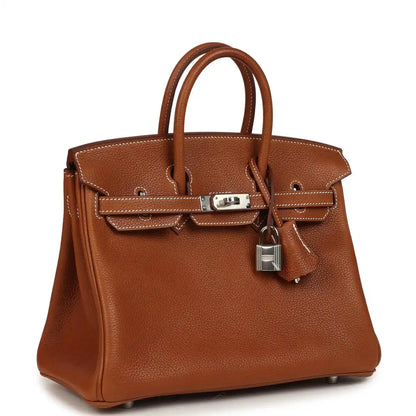 Hermes Birkin 25 leather handbag, tan with top handles, front flap and silver clasp