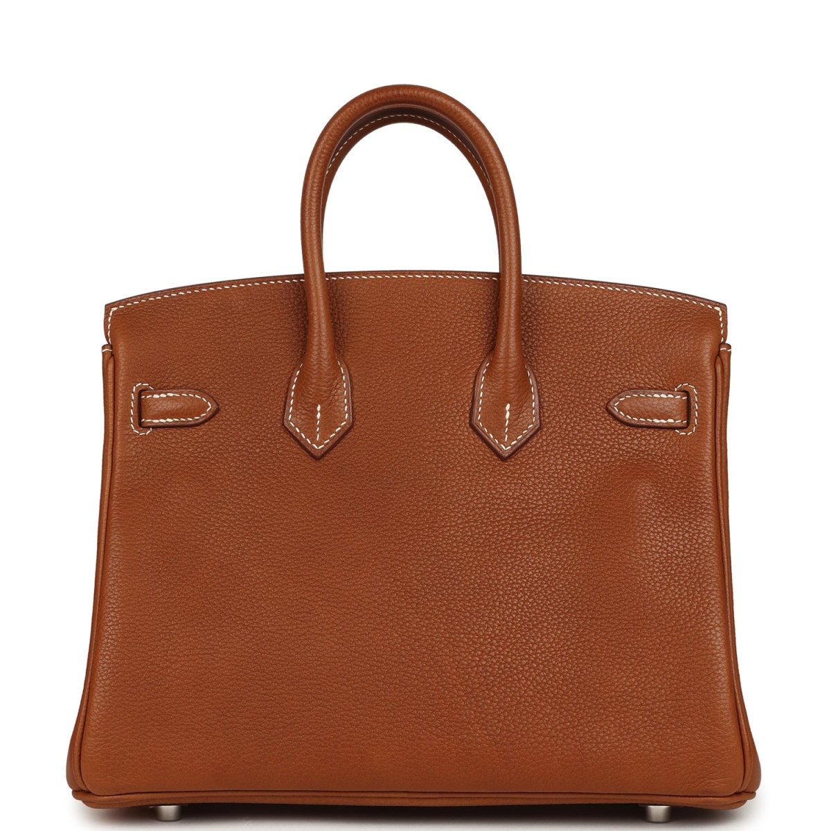 Hermes Birkin 25 leather handbag front view in tan with stitched straps and bottom feet