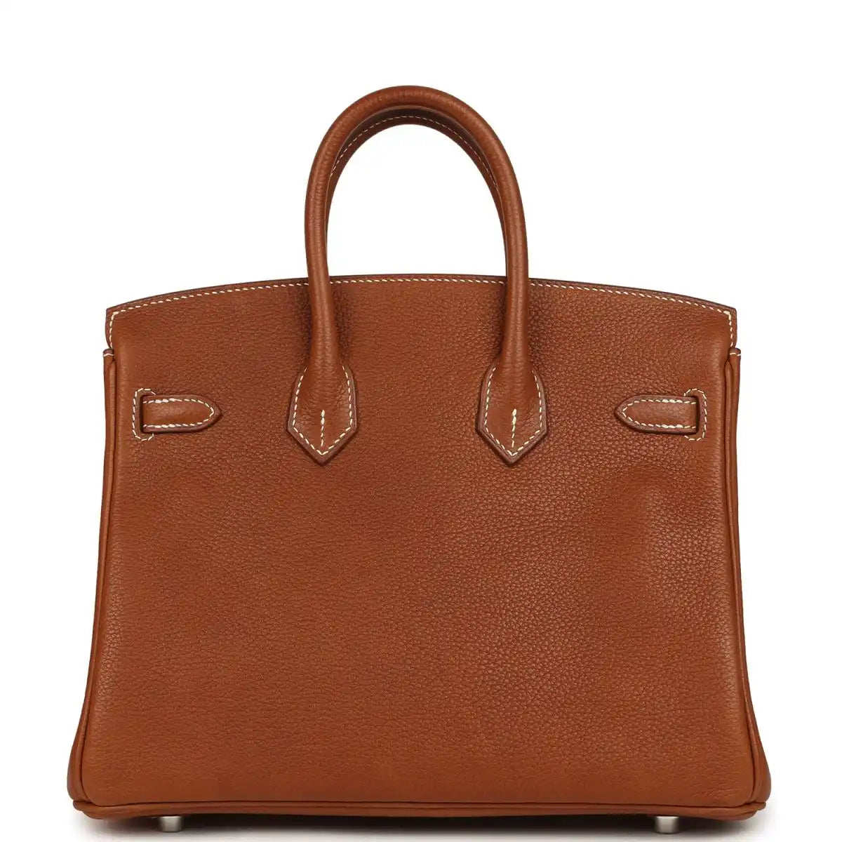 Hermes Birkin 25 leather handbag front view in tan with stitched straps and bottom feet