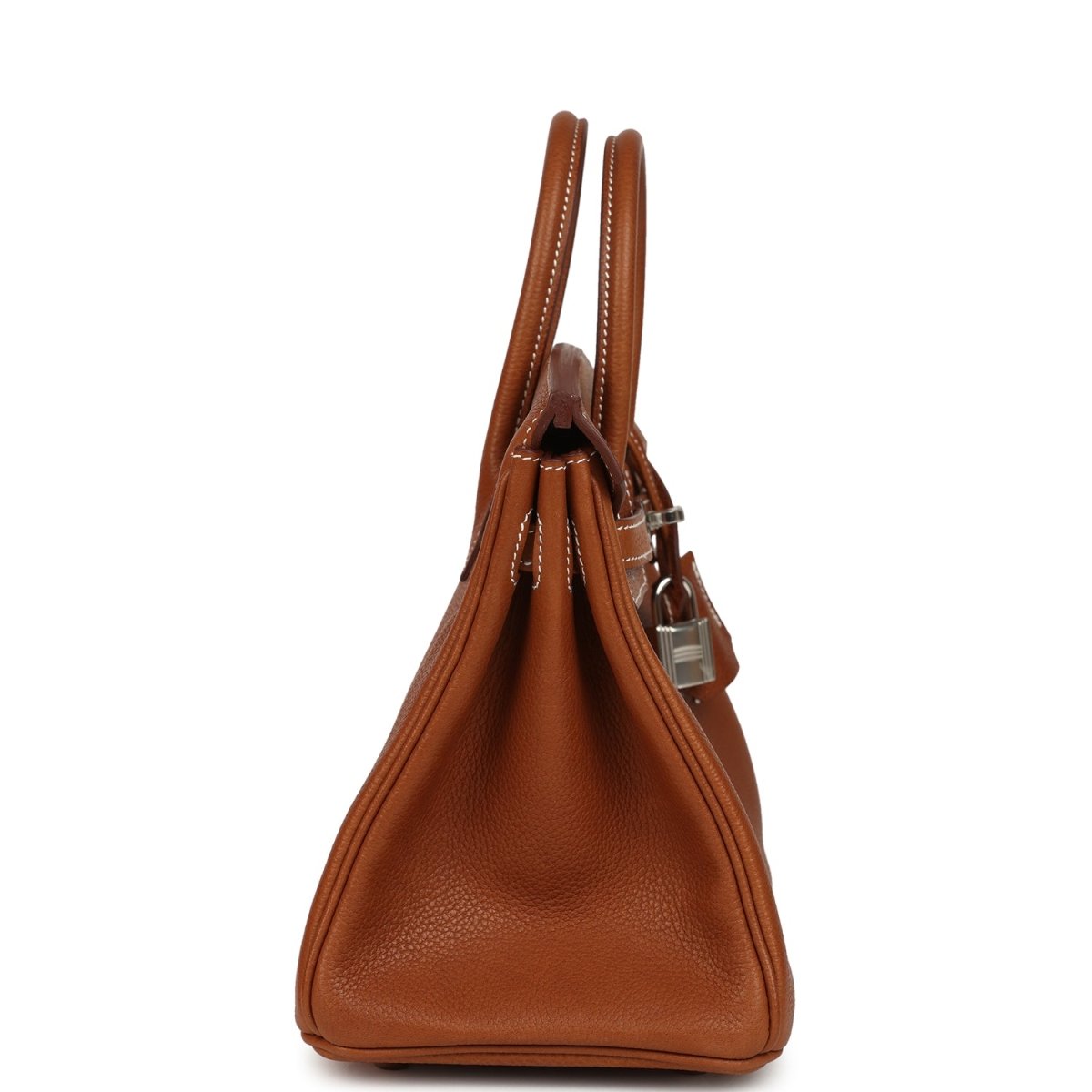 Hermes Birkin 25 leather handbag side view in tan with hanging lock detail