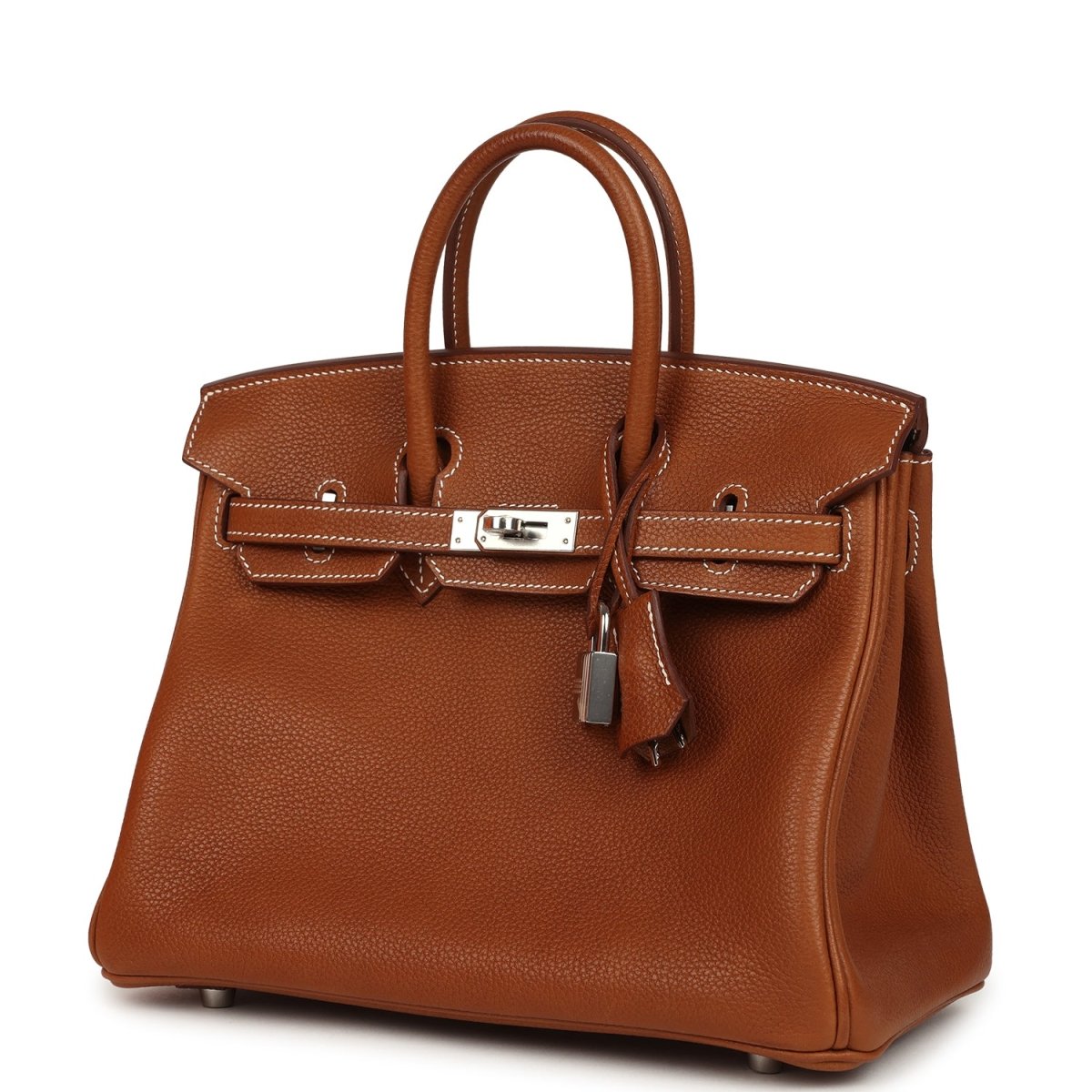 Hermes Birkin 25 leather handbag tan with front flap, top handles, and hanging key clochette