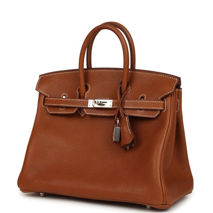 Hermes Birkin 25 leather handbag tan with front flap, top handles, and hanging key clochette