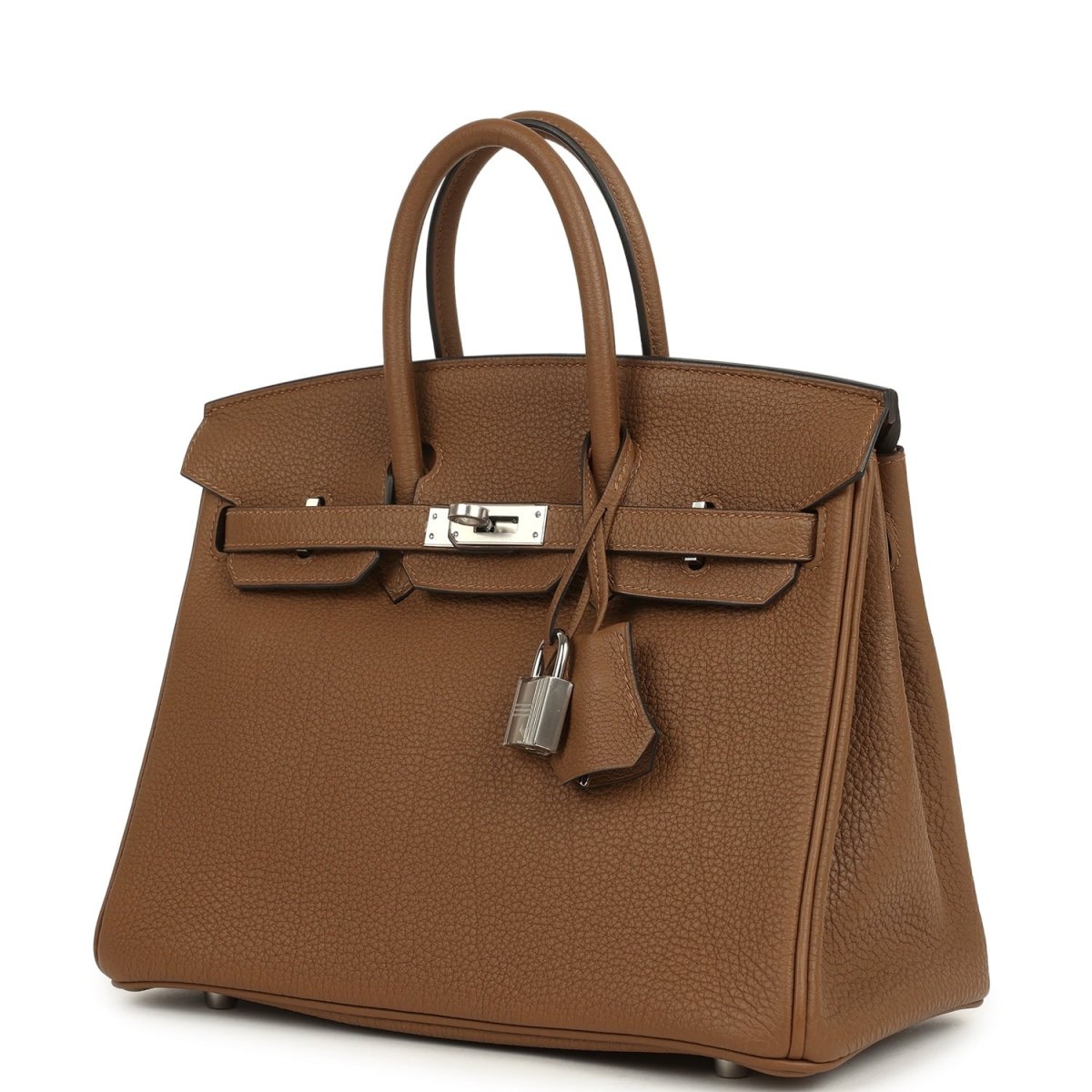 Hermes Birkin 25 handbag, dark tan Togo leather, 3/4 front view with lock and handles