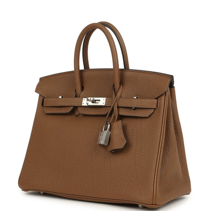 Hermes Birkin 25 handbag, dark tan Togo leather, 3/4 front view with lock and handles