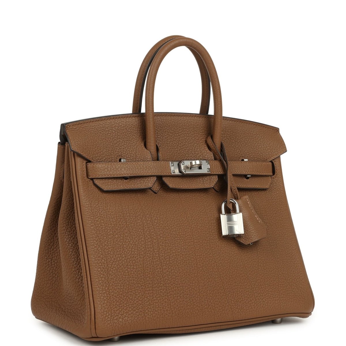 Hermes Birkin 25 handbag, dark tan Togo leather, front flap with palladium clasp