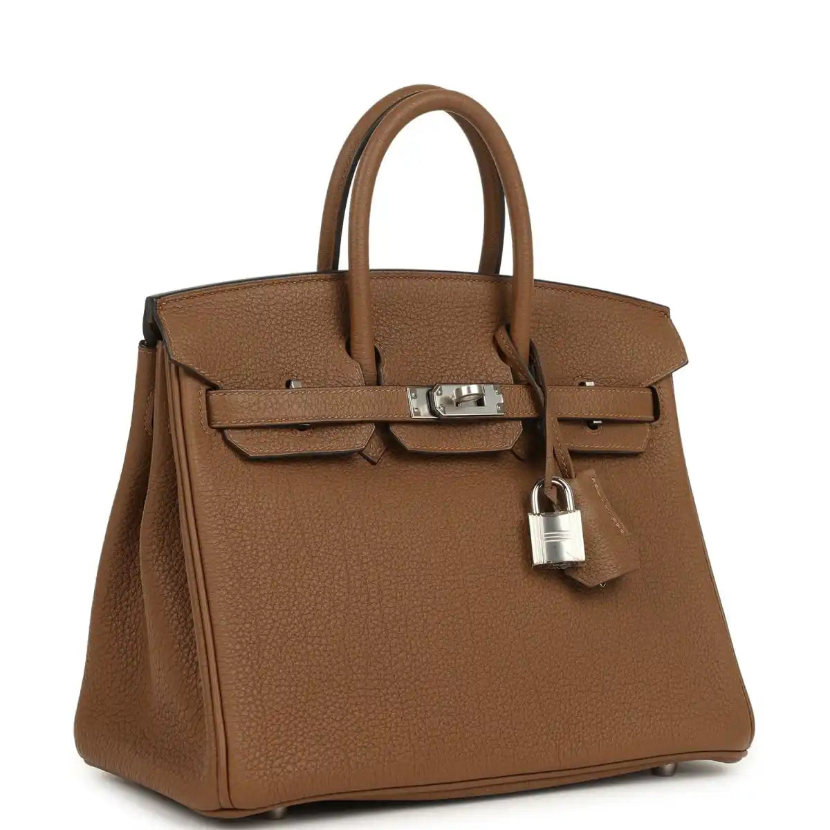 Hermes Birkin 25 handbag, dark tan Togo leather, front flap with palladium clasp
