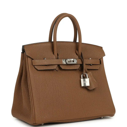 Hermes Birkin 25 handbag, dark tan Togo leather, front flap with palladium clasp