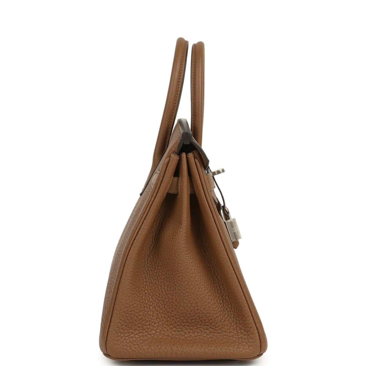 Hermes Birkin 25 handbag, dark tan Togo leather, side view with hanging lock charm