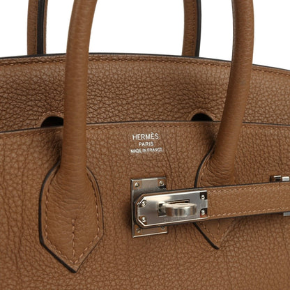 Hermes Birkin 25 handbag interior, dark tan leather with clasp plate and stamp