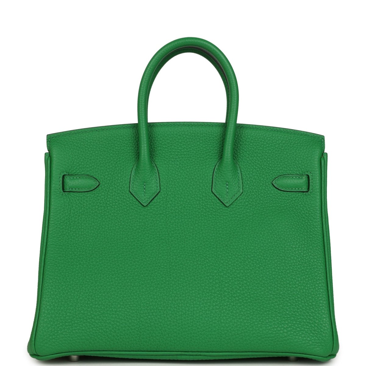 Hermes Birkin 25 green leather handbag with top handles and front panel detailing