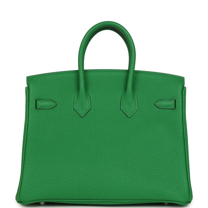 Hermes Birkin 25 green leather handbag with top handles and front panel detailing