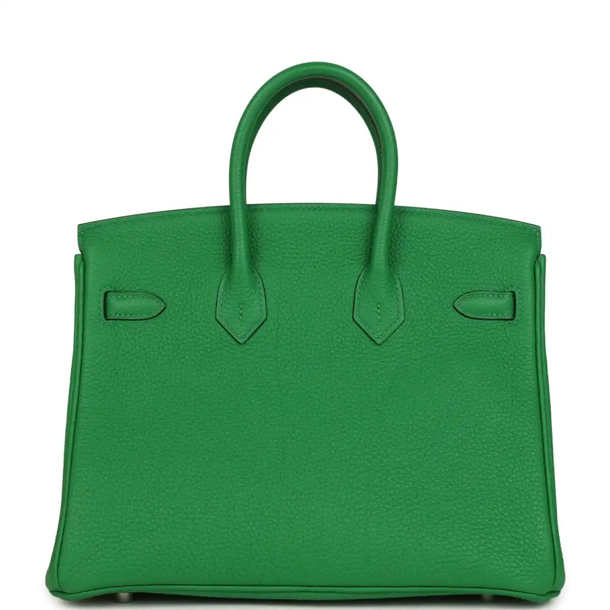 Hermes Birkin 25 green leather handbag with top handles and front panel detailing