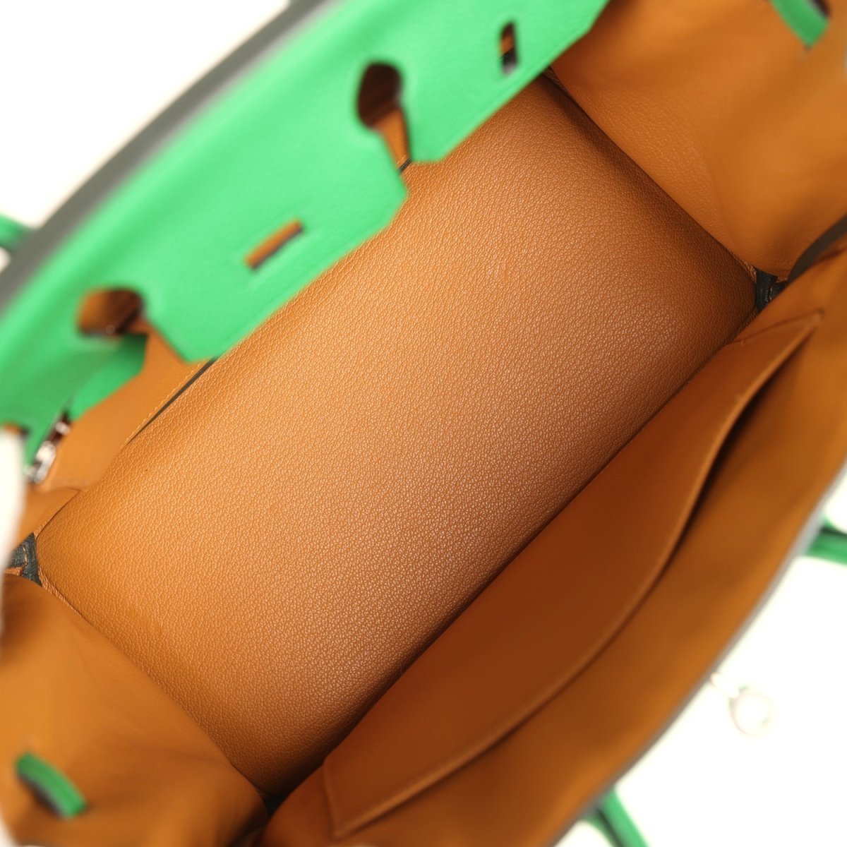 Hermes Birkin 25 interior lining in tan leather with green trim