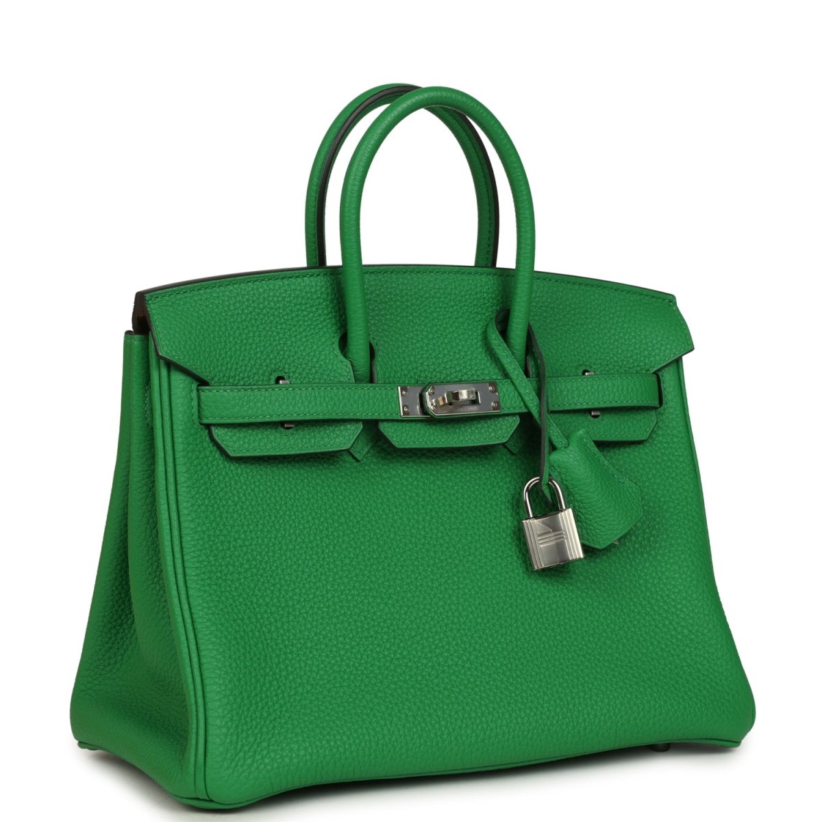 Hermes Birkin 25 green leather handbag with front clasp lock and top handles
