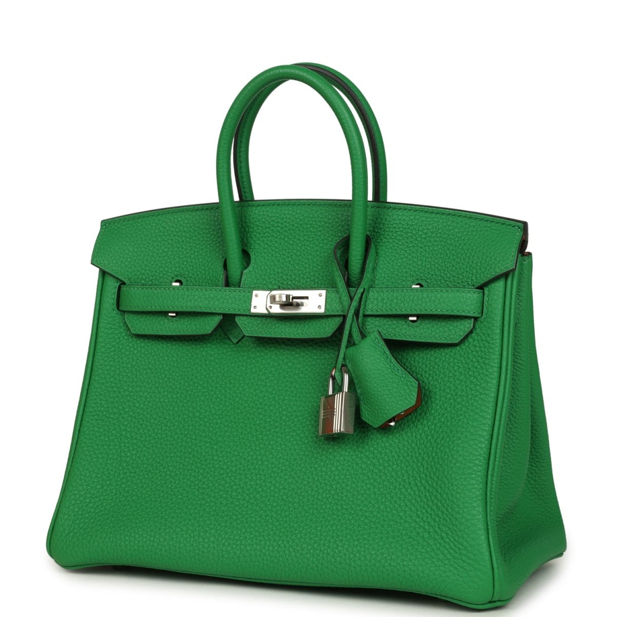 Hermes Birkin 25 green leather handbag with front clasp, lock charm, and top handles
