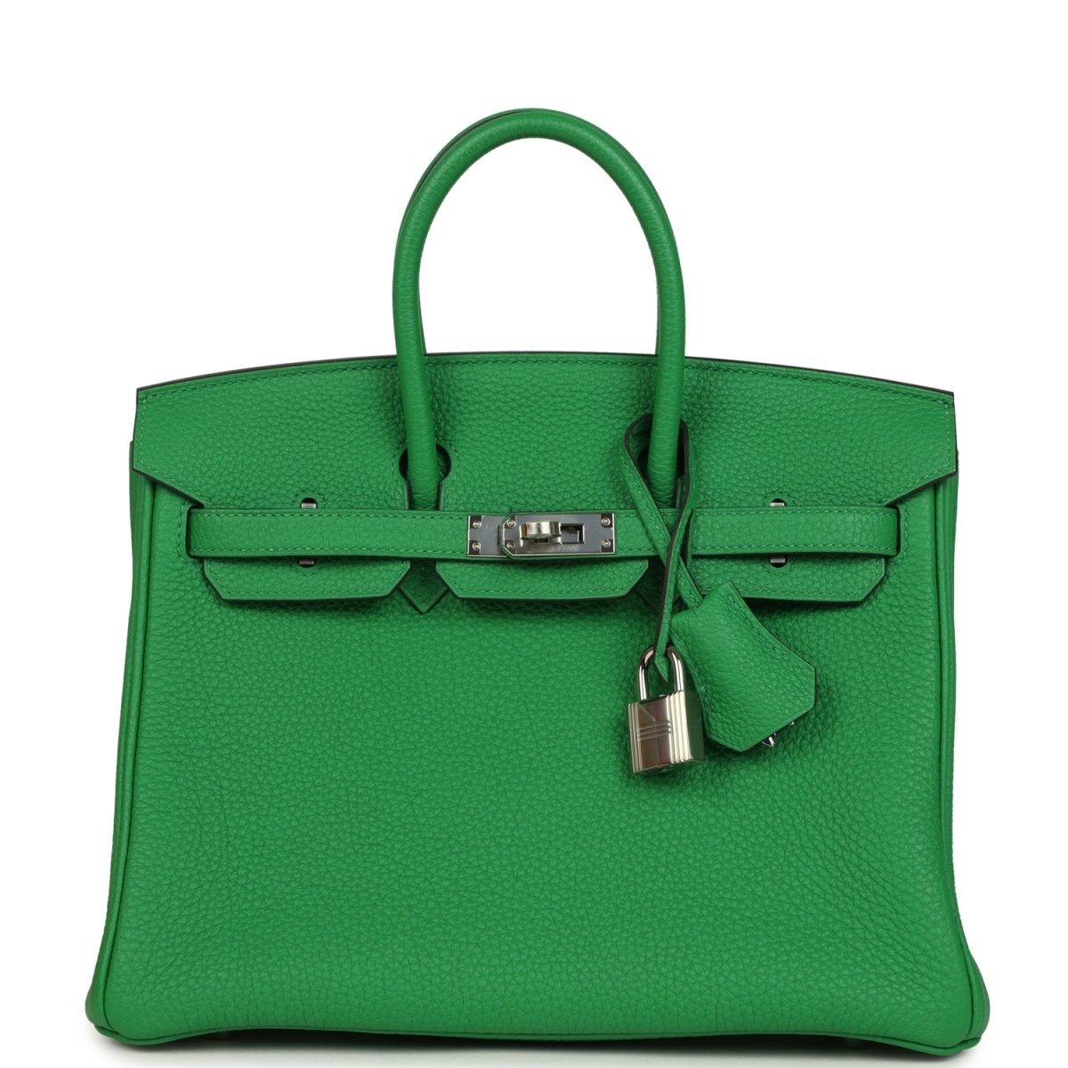 Hermes Birkin 25 green leather handbag with top handle and front clasp lock