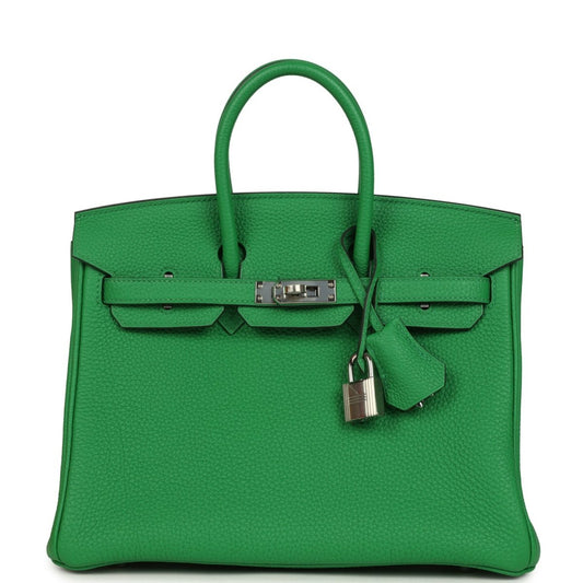 Hermes Birkin 25 green leather handbag with top handle and front clasp lock