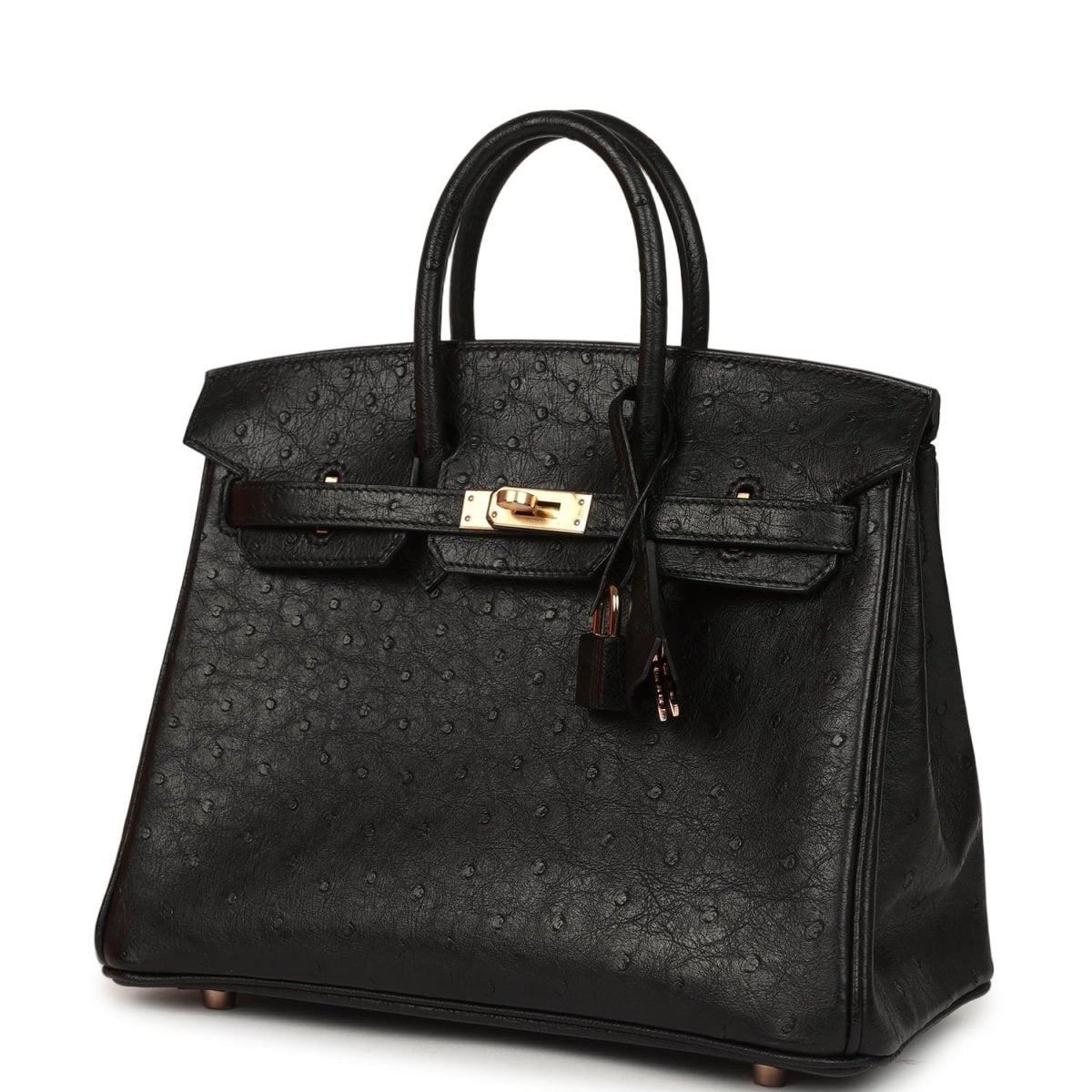 Hermes Birkin 25 handbag, black ostrich leather, front clasp with rose gold hardware