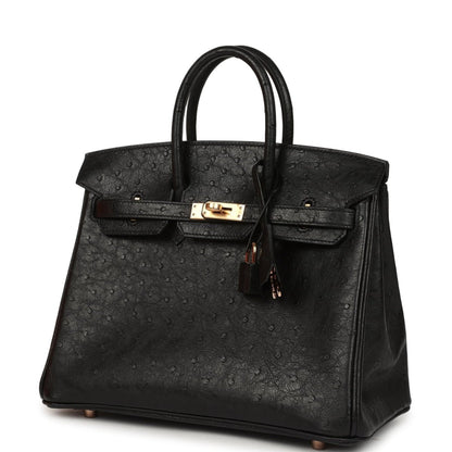 Hermes Birkin 25 handbag, black ostrich leather, front clasp with rose gold hardware