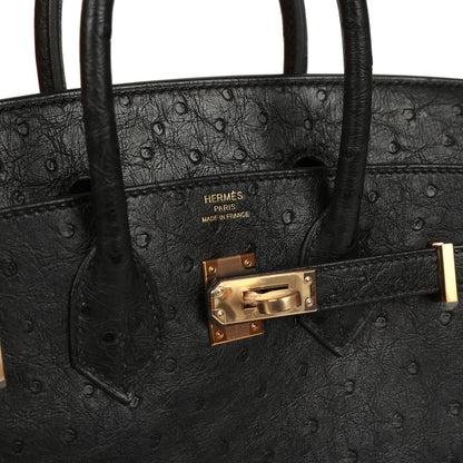 Hermes Birkin 25 handbag, black ostrich leather, 'Hermès Paris' stamp and lock