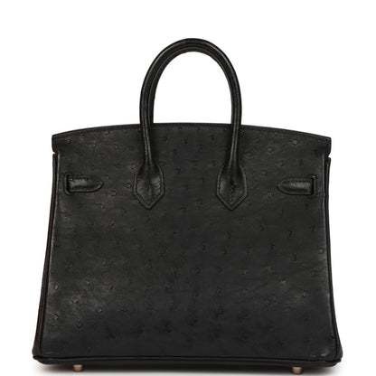 Hermes Birkin 25 handbag, black ostrich leather, rose gold-tone hardware