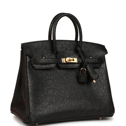 Hermes Birkin 25 handbag, black ostrich leather, side profile with rose gold hardware