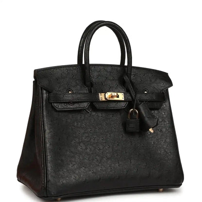 Hermes Birkin 25 handbag, black ostrich leather, side profile with rose gold hardware