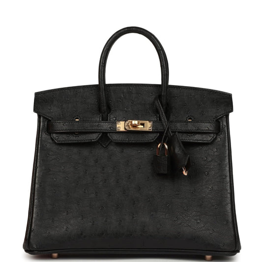 Hermes Birkin 25 handbag, black ostrich leather, top handle and front lock hardware