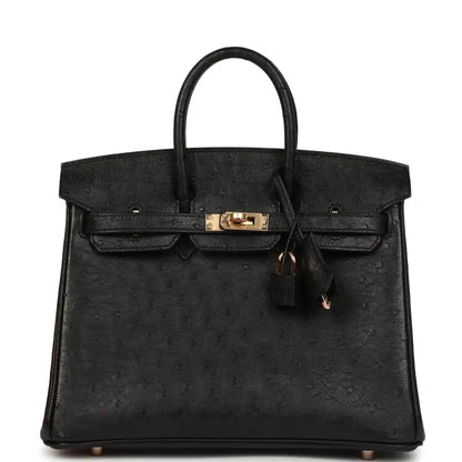 Hermes Birkin 25 handbag, black ostrich leather, top handle and front lock hardware