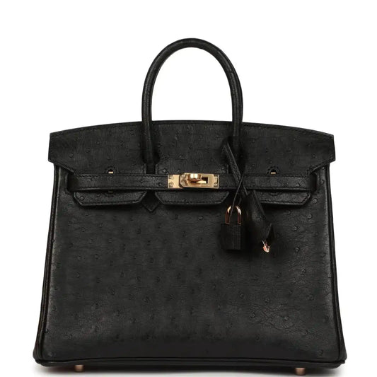 Hermes Birkin 25 handbag, black ostrich leather, top handle and front lock hardware