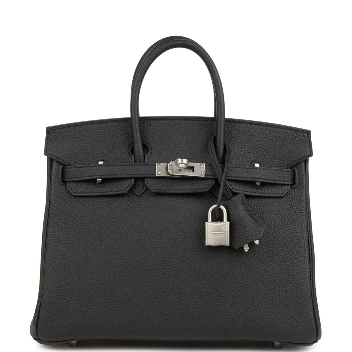 Black Birkin 25 handbag with dual top handles, front flap, and brushed palladium hardware.