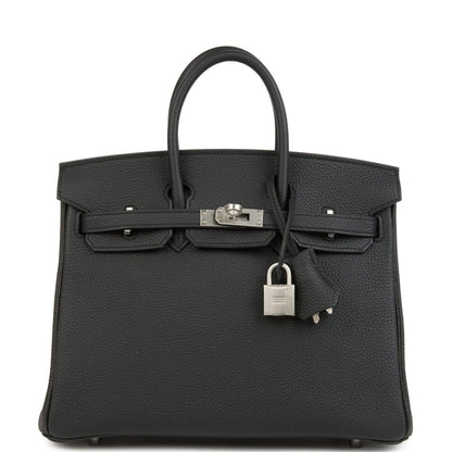 Black Birkin 25 handbag with dual top handles, front flap, and brushed palladium hardware.
