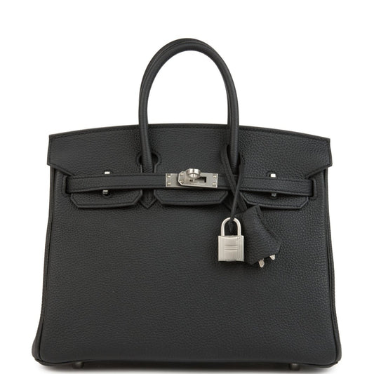 Black Birkin 25 handbag with dual top handles, front flap, and brushed palladium hardware.