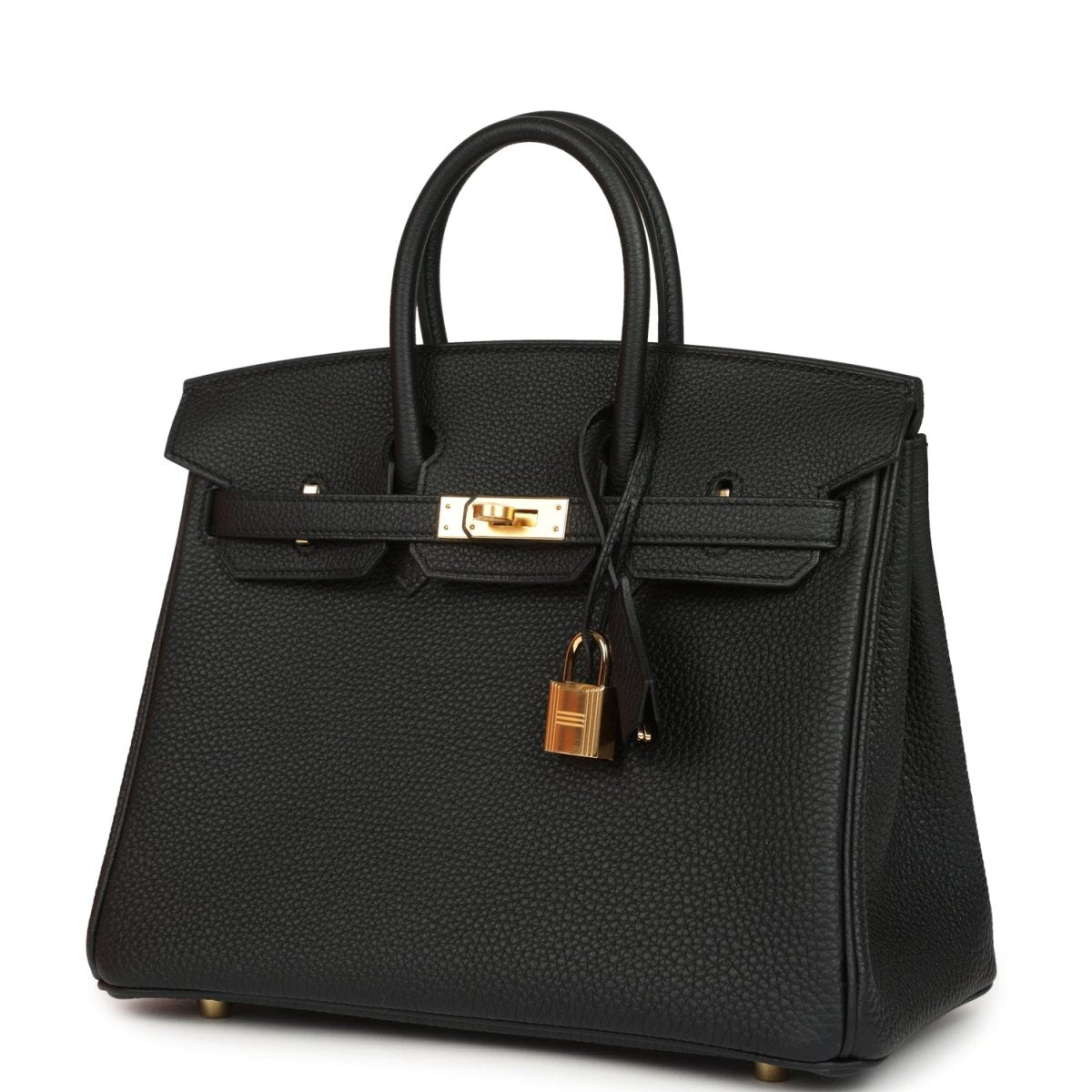 Black leather handbag with gold front clasp, padlock charm, and top handles