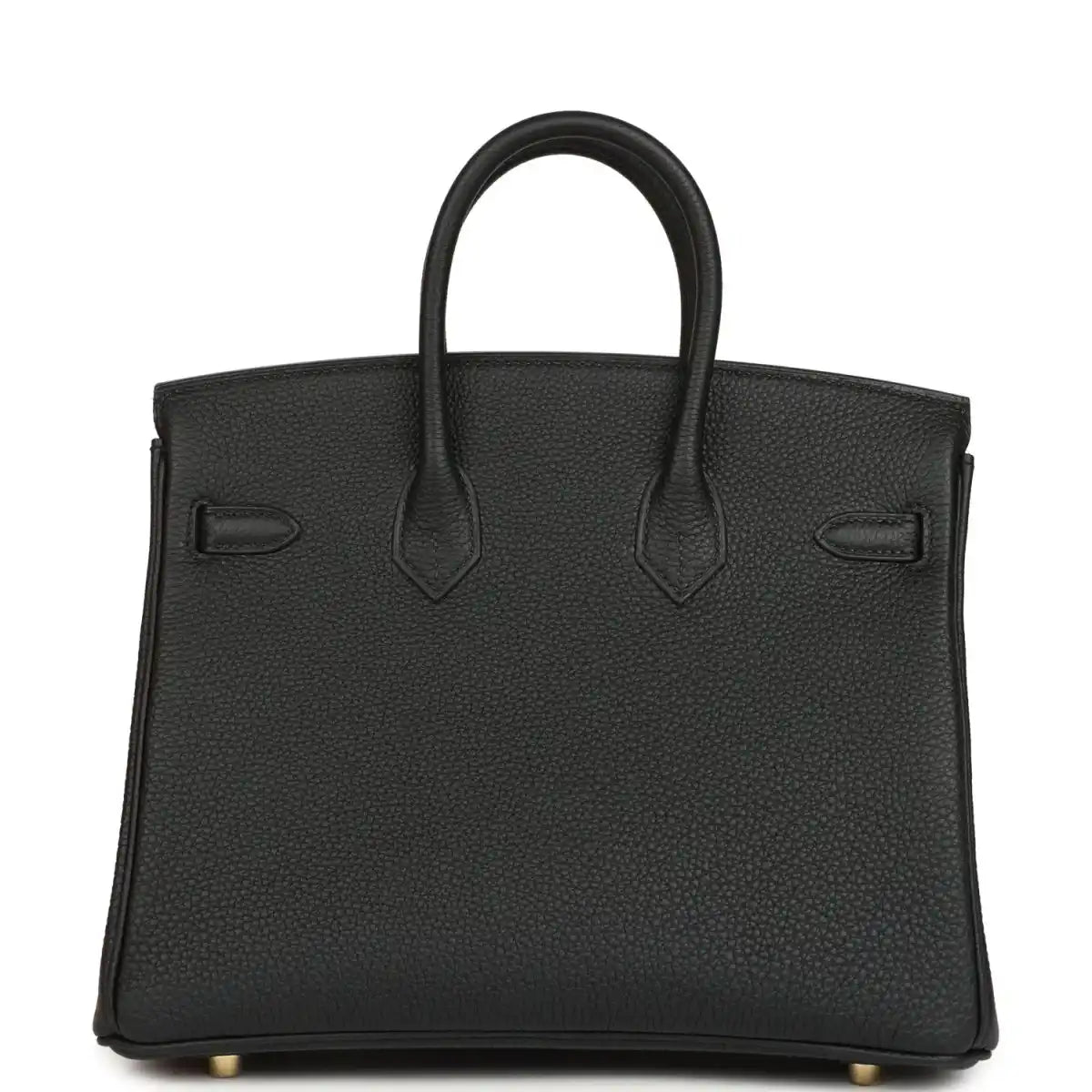 Black leather handbag back view with embossed panels and top handles